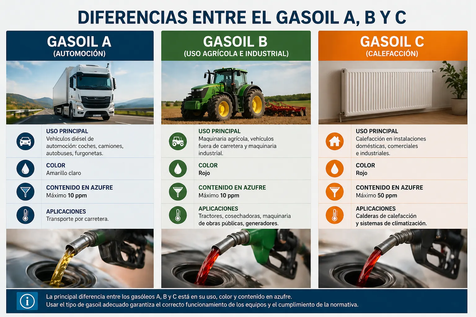 Diferencias entre el Gasoil A, B y C